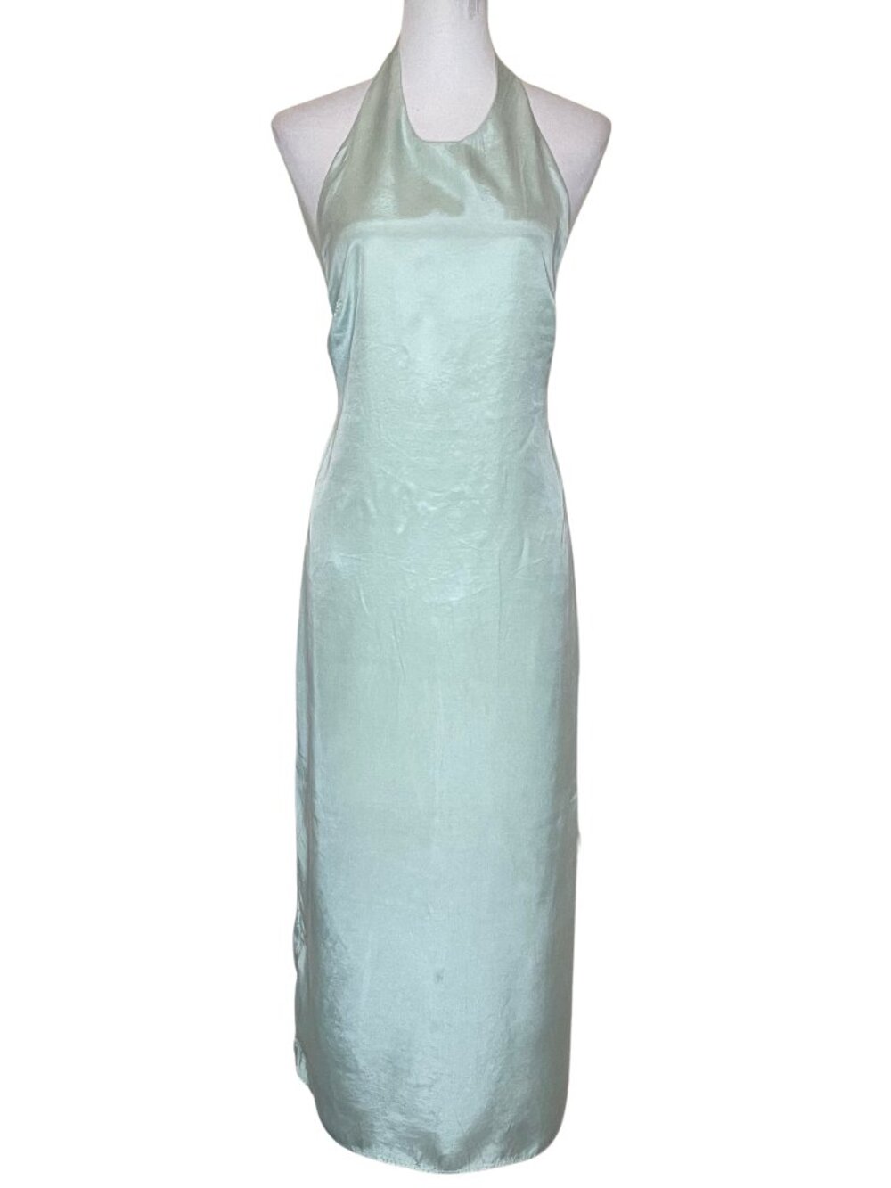 H&M Sage Green Lyocell Halter Maxi Dress Open Back Side Slit Clean Girl Size S - Picture 3 of 16